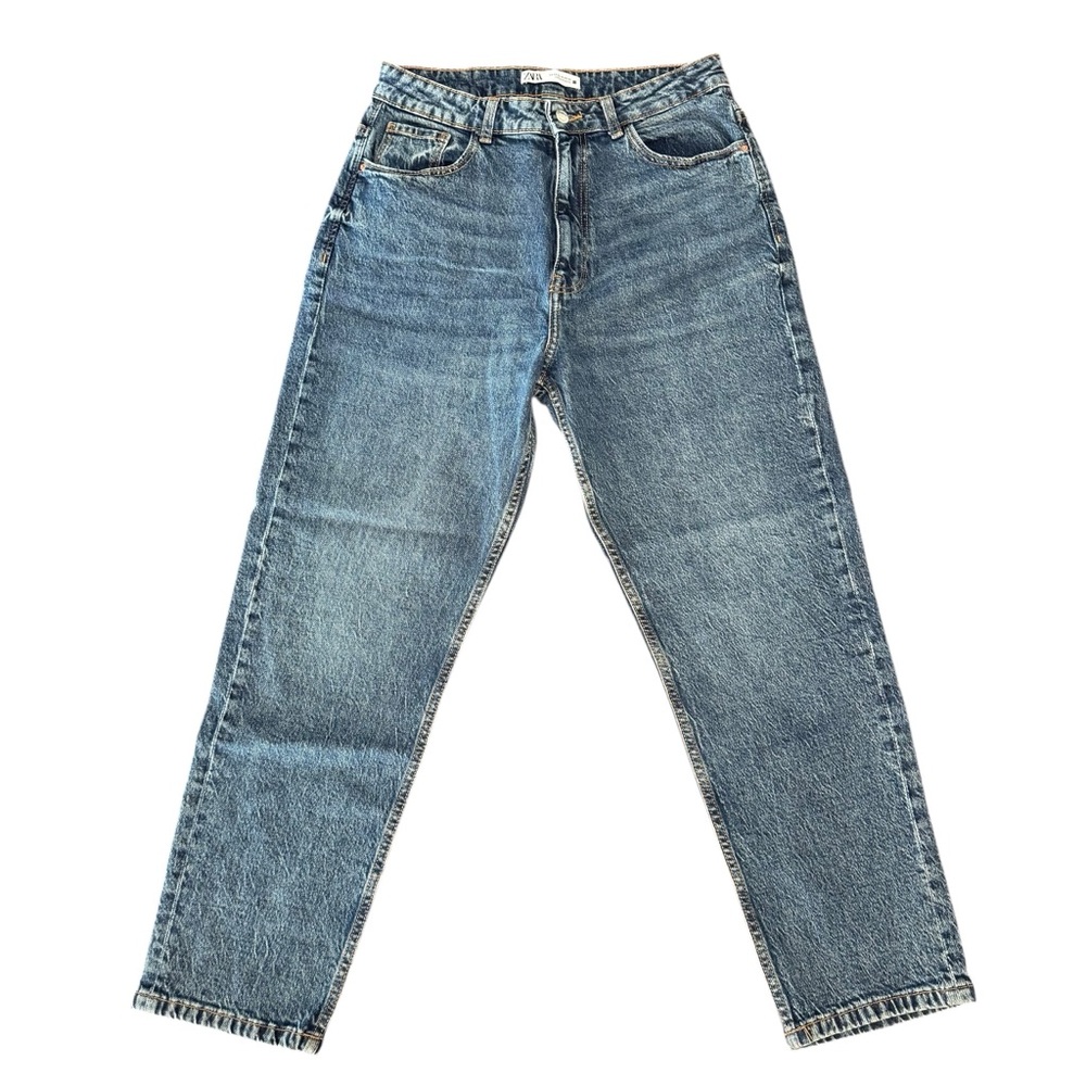 Zara Indigo Dark Blue Retro Denim High Waist Wide Leg Tapered Jeans Women's 10